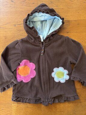 Carters Girls 12M Brown Floral Applique Ruffle Fleece Zip Up Hoodie